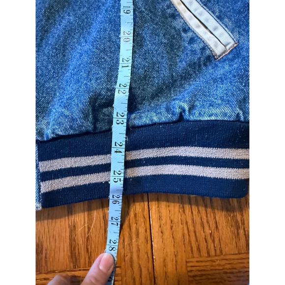 Vtg 90s Saugatuck Co Blue Denim Tan Canvas Hood Varsity Bomber Jacket Mens Med - Picture 10 of 10